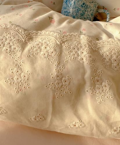 Image of VM VOUGEMARKET Romantic Lace Duvet Cover Set with Pink Flower Pattern Queen Size Soft Lightweight Washed Microfiber Princess Duvet Cover with Zipper Ties 2 Pillowcases for College Dorm