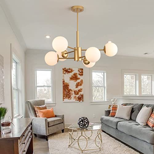 Meixisue Gold Modern Sputnik Chandelier Light Fixtures,6-Lights Milk Glass Globes Mid Century Chandeliers Pendant Lighting For Kitchen Island Dining Room Table Living Room Ul Listed #TOP1