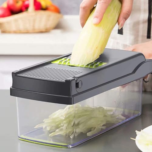 Foto von Alrens Gemüseschneider mit Edelstahl Klingen, 12 in 1 Multifunktion Zwiebel Zerkleinerer, Gemüsehobel Obstschneider Zwiebelschneider für Hobeln von Obst und Gemüse, Karotte, Kartoffel, Tomate, Schwarz