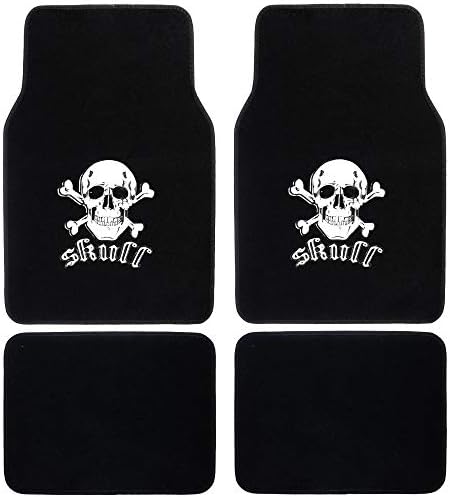 BDK White Skull Design Carpet Car Floor Mats for Auto Van Truck SUV-4 Pieces Front & Rear Full Set with Rubber Backing-Universal Fit