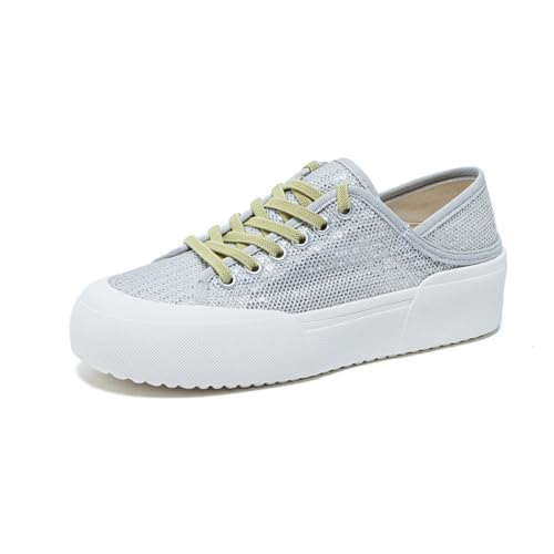 Women’s Mesh Sequin Platform Sneakers, Decorative Lace-Up Slip-On Shoes (Grey,6)
