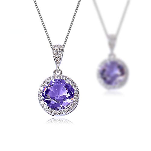 Amyjane Amethyst Jewelry Set For Bridesmaids - Sterling Silver Round Purple Cubic Zirconia Crystal Bridal Pendant Necklace Earrings Set For Wedding Bride Bridesmaids #TOP4