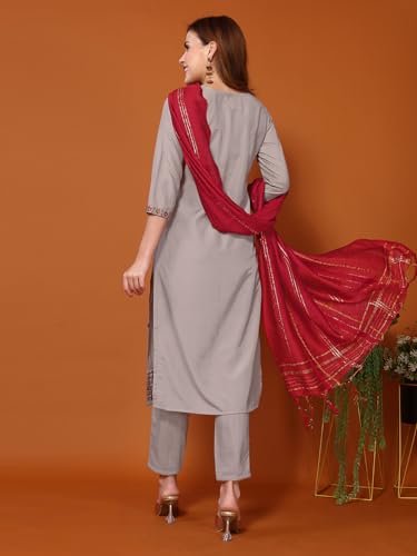 Sanisa Women's Chinnon Embroidery Work Straight Kurta With Pant And Dupatta Set (54Kbd631Nr-Xxl_Dusty Brown)