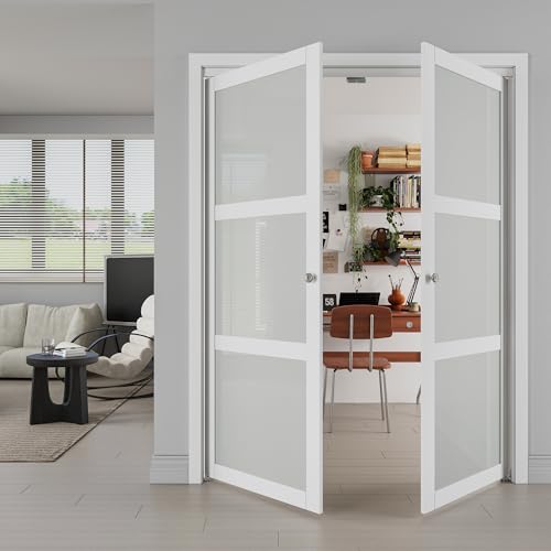 60'x80' French Pivot Door, 3-Lite Frosted Glass Panels & Hardware Kit, Interior Pantry/Laundry/Closet Door, Solid MDF Wood with Water-Proof PVC Surface French Doors, Easy Install, White