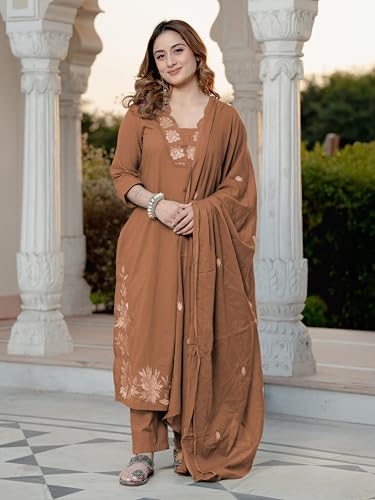 Image of Arayna Women's Pure Cotton Embroidered Kurta Pant Dupatta Set | Straight Kurta with Floral Embroidery | Ethnic Suit Set for Women