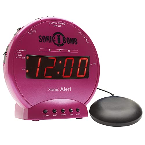 Sonic Alert Sonic Bomb Dual Alarm Clock With Bed Shaker, Pink Vibrating Alarm Clock Heavy Sleepers, Battery Backup | Wake With A Shake #TOP1