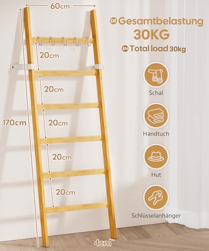 Yorbay Handtuchleiter Bambus 6 Sprossen: Kleiderleiter mit 2 Sturzsicherheitsriemen und 5 Haken - Deko Handtuchhalter Leiter für Badezimmer Schlafzimmer Pool HxB 170 x 60 cm (Bambus)