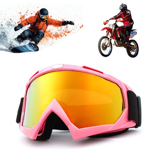 Tuwyii Gafas Motocross & Snowboard Espejadas: Anti-Emapañamiento | UV400 Protección | Marco Ultraligero | Para MTB, Moto Polvo, Esquí y Cascos Abiertos (Rosa/Amarillo)