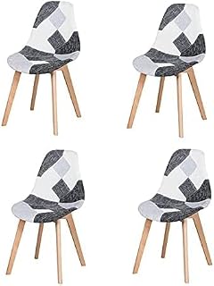 Juego de 4 Sillas de Comedor, Silla de Comedor de Patchwork Multicolor, Silla de Tela con Patas de Madera Maciza para Comedor, Sala de Estar (Gris, Blanco y Negro)