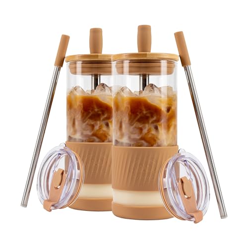 Pandaloo® Glass Cups With Lids and Straws -20 Fl Oz- Perfect Size Iced Coffee Cup - Smoothie Cup With Bamboo Lid and On the go Lid - Glass Tumbler With Straw (2 Count (Pack of 1), Amber Sand)