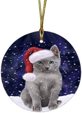Let It Snow Russian Blue Cat Round Flat Ornament - Pet Decorative Hanging Ornaments for Christmas X-mas Tree Decorations - 2.75" Round Ceramic Christmas Ornament POR1522
