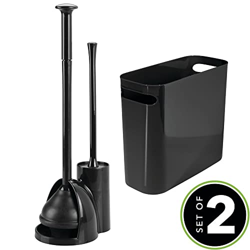 Mdesign Compact Freestanding 2-In-1 Plastic Toilet Bowl Brush/Plunger/Trash Wastebasket Garbage Can Combo, Home Bathroom Storage, Sturdy Cleaning Accessories, Aura Collection, Set Of 2, Black #TOP1