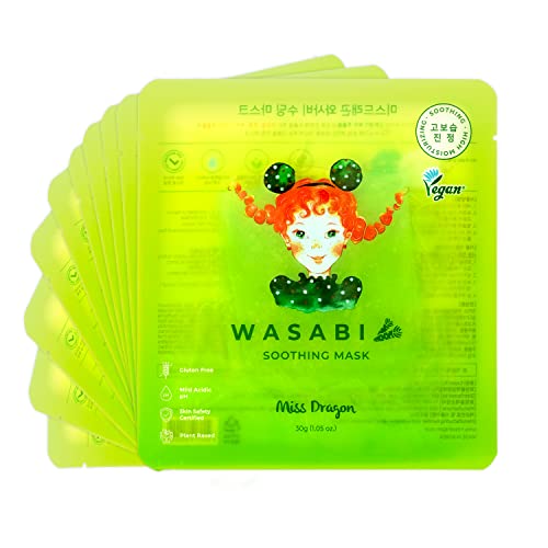 miss dragon Wasabi Soothing Mask (10 Pack) – Calming & Hydrating Korean Face Mask with Hyaluronic Acid Gel Essence, Vegan for Sensitive Skin