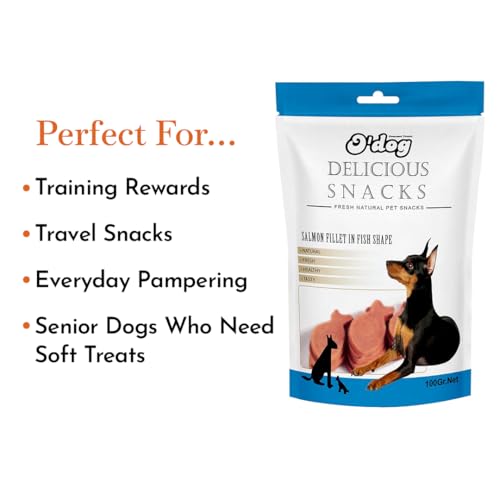 Image of PETS EMPIRE O'Dog Fish Shape Salmon Fillet, Healthy Dog Treats, Chewy Dogs Bites for Training and Feeding, Made with Real Salmon, Non-Vegetarian Pup Snacks for Dogs, Puppies - 100g