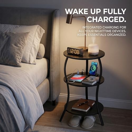 YEAKOO End Table with Outlet & USB Charging Station - Modern Round 3-Tier Nightstand with Electrical Sockets & Storage, Slim Side Table for Small Space in Living Room, Bedroom, Office by YEAKOO - Used condition - Image 4