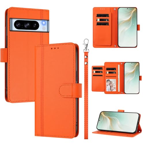 Kukoufey Compatible with Google Pixel 8 Pro Case,PU Leather Flip Cover Wallet Protector Compatible with Google Pixel 8 Pro Phone Protective Case Orange
