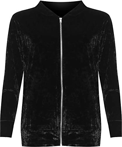 WearAll Women's Plus Long Sleeve Velour Velvet Coat Top New Ladies Zip Bomber Jacket - Black - 14