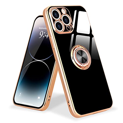 Urarssa Coque Compatible avec iPhone 14 Pro Max Anneau Etui Silicone Housse 360° Voiture de Bague Magnétique Protection Case Mince en TPU Souple Antichoc pour iPhone 14 Pro Max Noir Cover