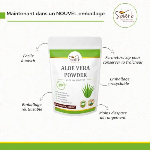 Spierb Poudre d’Aloe Vera 250g – Soin Naturel Cheveux & Visage – Masque Hydratant, Poudre Ayurvédique, Sans Parabène, Sans Conservateur, Cruelty Free – Pour Usage Externe Uniquement, Fabriqué en Inde – vue 2