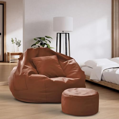Image of IVIKA 4XL Bean Bag with Beans Filled | Gaming Chair | Premium Leatherette, Double Stitching | for Lounge & Bedroom | (4XL - Tan)