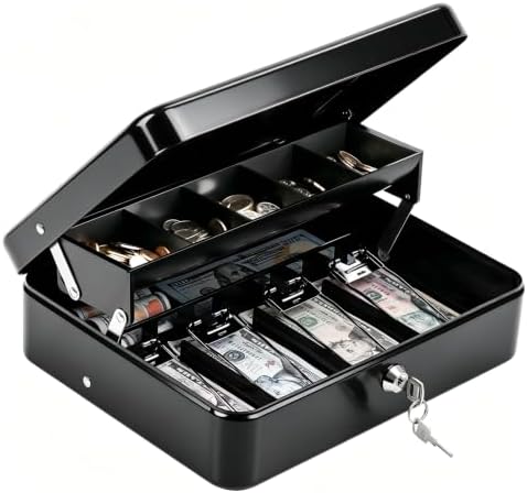 KYODOLED Locking Cash Box with Lock,Money Box with Cash Tray,Lock Safe Box with Key,Money Saving Organizer,11.81Lx 9.45Wx 3.54H Inches,Black XL Large