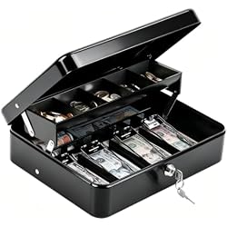 KYODOLED Cash Box with Money Tray and Key Lock, 1mm Thick Metal Cash Drawer | Portable Cold-rolled Steel Money Box, Windproof Bill clips & Auto-Pop Coin Tray for Garage Sales & Small businesses, 11.8