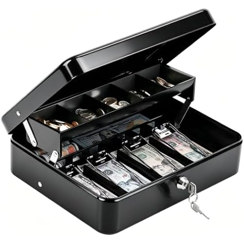 KYODOLED Cash Box with Money Tray and Key Lock, 1mm Thick Metal Cash Drawer