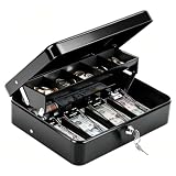 KYODOLED Cash Box with Key Lock–0.7mm Thick Metal Money Box for Flea Market Vendors, Craft Fairs & Small Business–Portable Cash Drawer with Auto-Pop Coin Tray & Windproof Bill Clips (11.8', Black)
