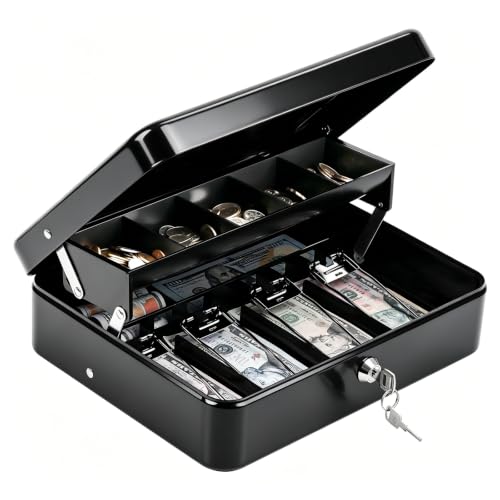 KYODOLED Cash Box with Money Tray and Key Lock, 1mm Thick Metal Cash Drawer