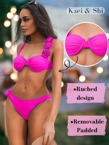 Kaei&Shi Bikini Sets for Women,3D Floral High Cut Push Up Sexy Thong Swimsuit,2 Piece Padded Underwire Bathing Suit4