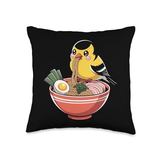 Cute Kawaii American Goldfinch Eating Ramen Bird Lover Funny Throw Pillow