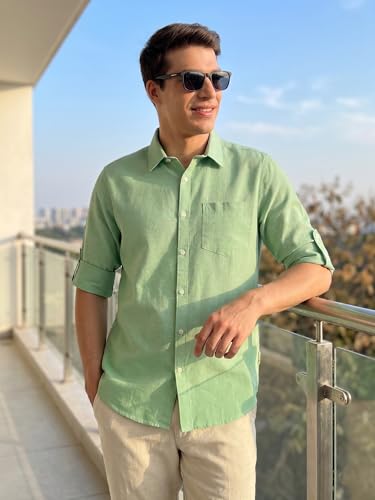 Image of Thomas Scott Men's | Solid | Premium Linen Blend | Spread Collar | Summer Wear | Long Sleeve | Shirts for Men