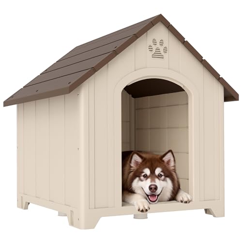 PawHut Cuccia per Cani da Esterno, Taglia Grande e XL, Casetta per Cani in Plastica Impermeabile con Base Rialzata, Finestre e Tetto Spiovente per Giardino, Patio, Terrazza, Casa, 102x94x103 cm, Beige