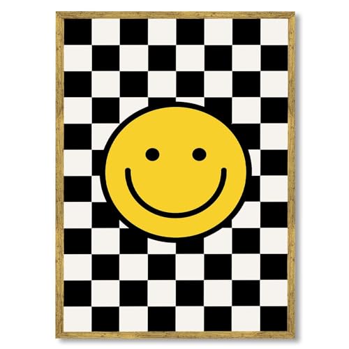 Framed Yellow Smiley Face Checkerboard Poster Canvas Print Art Funky