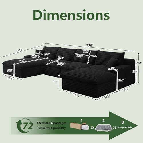 Image of 136 inch Cloud Couch Modular Sectional Sofa for Living Room, U-Shape Boneless Couch with Deep Seat, Modern Corduroy 4-Seater with Ottoman, No Assembly Required (Black,Left-Facing Chaise)