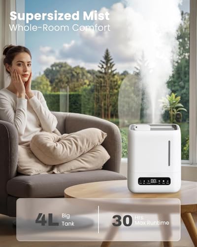 Image of BREEZOME Smart Ultrasonic Humidifier and Aroma Difuser, 4L Cool Mist Top Filling Humidifiers for Home & Bedroom, 360 Nozzle Auto Shut-Off with Timer,LED Display, Remote Control (White, 4 Liter)