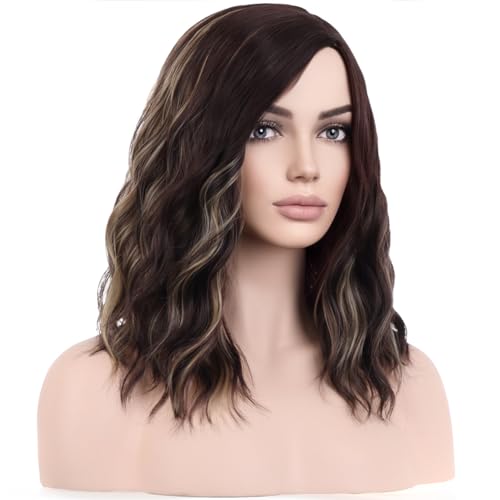 Image of BERON 14 inch Women Brown Blonde Wigs Girls Short Curly Bob Wavy Wig Brown Highlights Body Wave Halloween Cosplay Daily Party Wigs