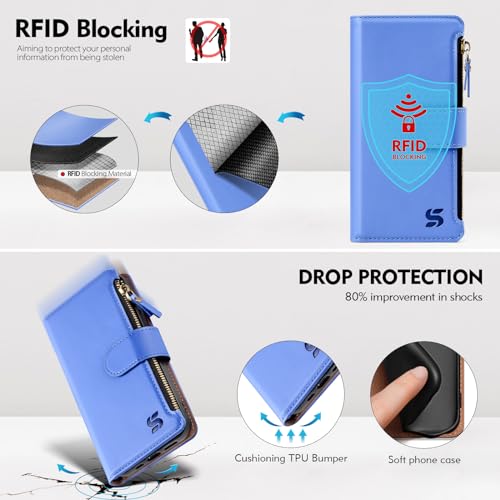 Shieldtop Compatible with Google Pixel 8A Wallet Case with Card Holder,Women Men RFID Blocking PU Leather Flip Cover Wrist Strap Zipper Credit Card Slots,Phone Case for Google Pixel 8A,Purple Blue by Shieldtop - Image 5