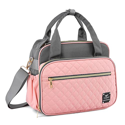 Image of Crossbody Small Diaper Bag, Cute Mini Baby Diaper Tote Bags with Insulated Pockets for Traveling Outdoor Parent, Pink & Gray