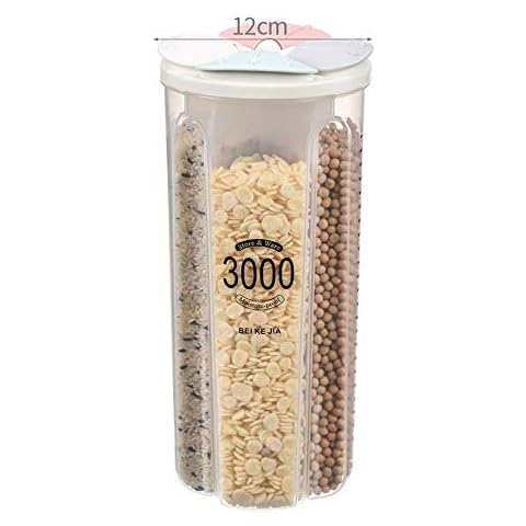 JMAHM Cereal Dispensers Tubs Food Storage Containers Pasta Airtight Clear Plastic with Multiple Spaces Calibration Keep Food Fresh Dry (3000ml / 4 Grid, Mix Colors) Cover