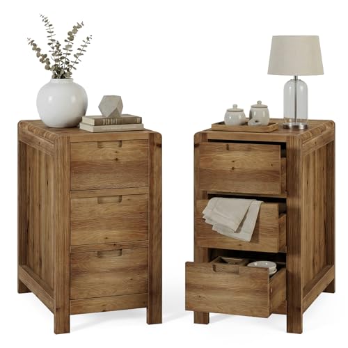 LITTLE TREE 3-Drawer Real Wood End Table Set 2, Narrow Side Table with Storage Drawers, Solid Wood Sofa Side Table for Living Room, Slim Nightstand Bedside Table for Bedroom, Natural Wood Color by LITTLE TREE - Used condition - US$237.70