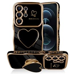 Uioeua for Samsung Galaxy S26 Ultra Love-Heart Holder Case Cute Black Luxury Wave Frame Curly Shape with Love Heart Kickstand Case Plating Soft Shockproof Bumper TPU Protective Cover for Women Girls