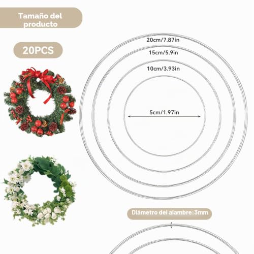 Miniatura 2 de Liuliny 20 Piezas Metal Aros Floral Anillos, Atrapasueños Aros Metal Manualidades, 5 10 15 20 Cm Diámetro, Diámetro Del Alambre 3 Mm Para Técnica Envoltura, Anillo Atrapasueños Floristería