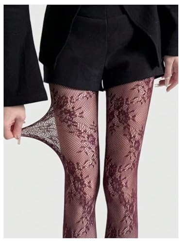 Image of RoseSeek Women's Floral Lace Fishnet Tights Kawaii Y2K See Through Stocking | Sheer Mesh, Lace Tights, Floral Lace Fishnet Tights, Thigh Highs, Leggings, Y2K Stockings