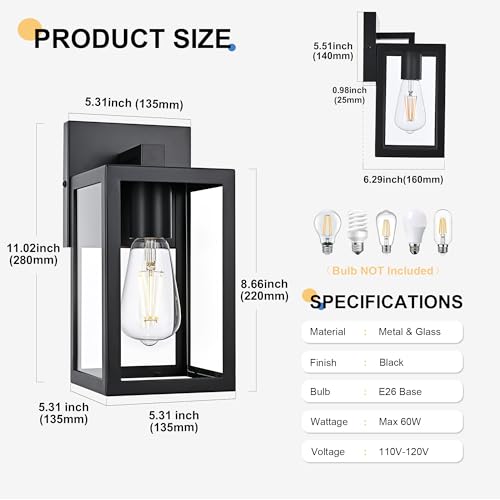 Image of TODOLUZ 2-Pack Outdoor Wall Sconce, 1-Light Black Waterproof Porch Wall Light Fixture for Front Door Patio Garage Doorway, E26 Bulb Base