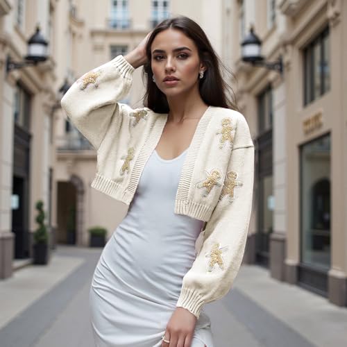 Image of Women Holiday Sequin Cardigans Funny Graphic Button Embroidered Sweaters Cute Open Front Knit Long Sleeve Coat Tops