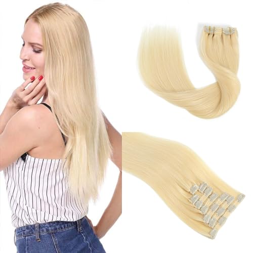 16'' Double Weft Clip in Hair Extensions Real Human Hair Full Head 8 Pieces 100g Silky Straight -100% Real Remy Human Hair Lace Weft Clip in Human Hair Extensions (16 Inch 100g, 613 Bleach Blonde)