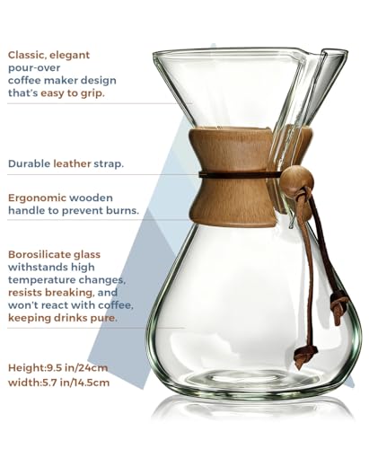 AGOGO Juego de Cafetera de Vertido de Vidrio con 50 piezas de Papel de Filtro - para Hogar, Oficina, Campamento, Cafeterías - Juego de Gotero de Café Fácil de Limpiar (Trapo y Cepillo Incluidos)(10