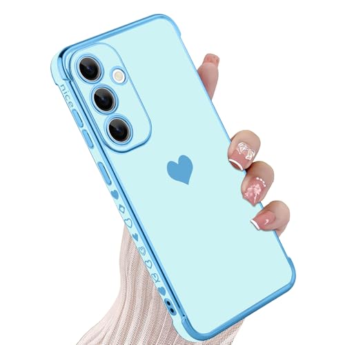 KANGHAR Compatible with Samsung S25 5G Case for Women Girl, Plating Edge Cute Love Heart Soft TPU Bumper with 4 Corners Shockproof Protection Phone Case Cover for Galaxy S25 5G(Blue)