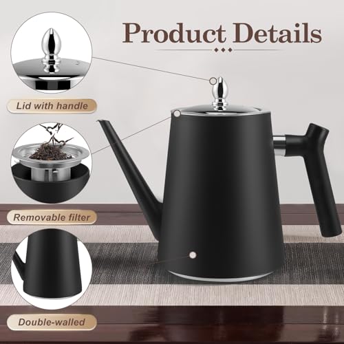 Miniatura 2 de Tetera De Acero Inoxidable Con Colador, 1,5 L, Tetera Negra Con Mango Resistente Al Calor Para Hierbas De Frutas Y Té De Infusión, Doble Pared, Aislada, Tetera De Acero Inoxidable Para Té Y Café